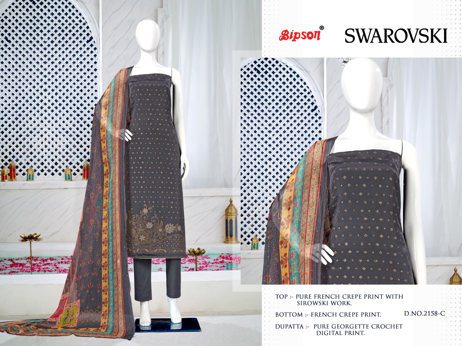 bipson swarovski 2158 French creape catchy look salwar suit catalog