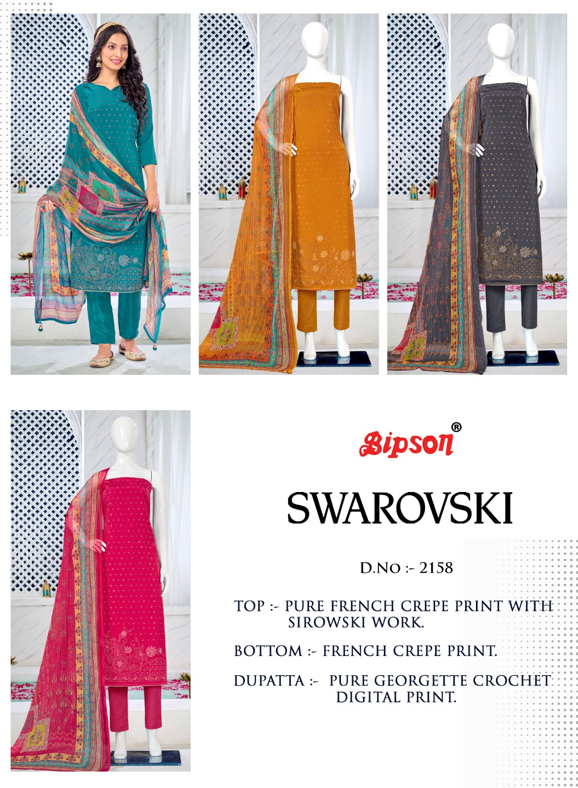 bipson swarovski 2158 French creape catchy look salwar suit catalog