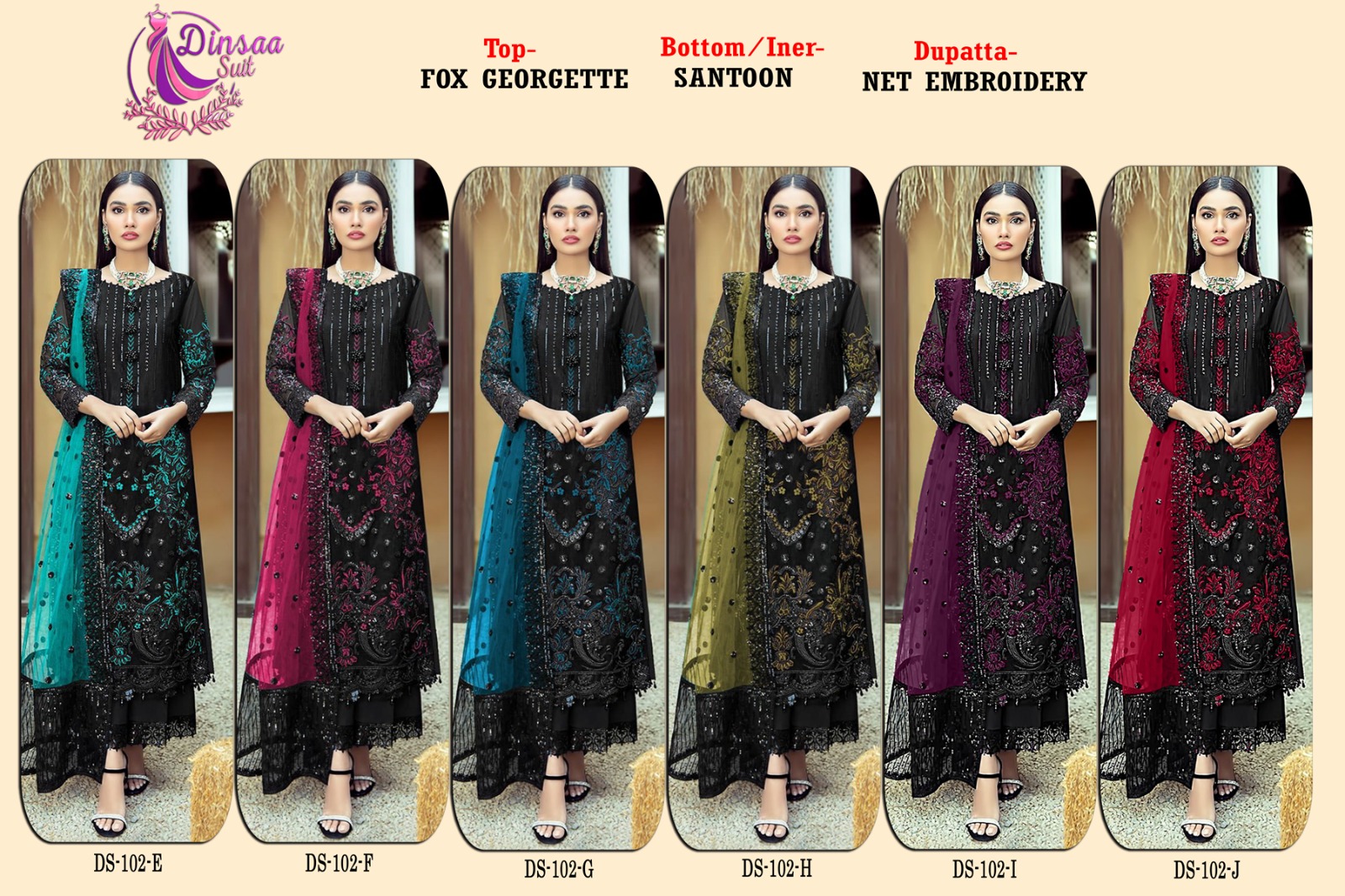 dinsaa suit dinsaa d no 102 e f g h i j georgette regal look salwar suit catalog