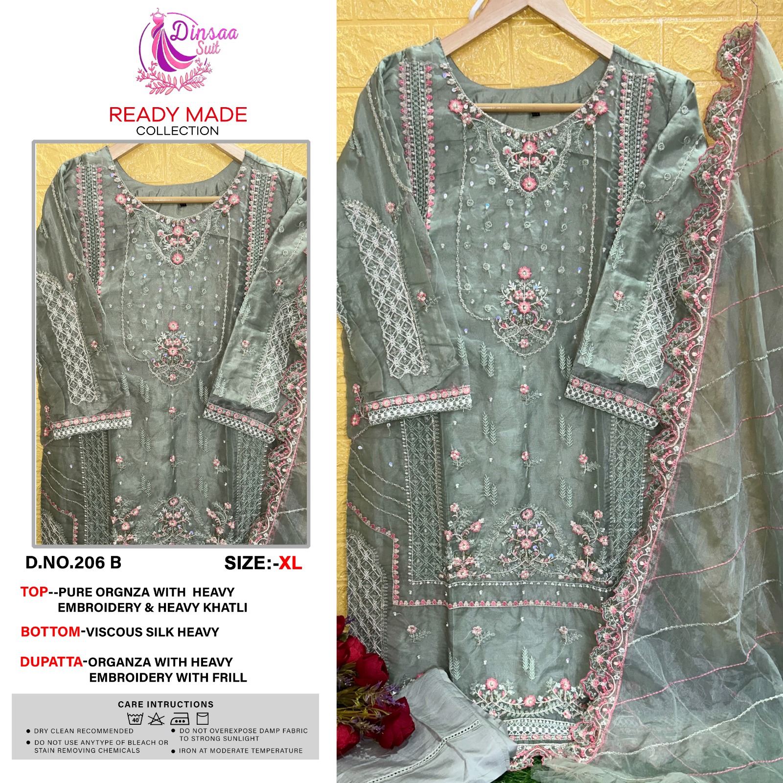 dinsaa suit dinsaa d no 206 A B C D  organza  regal look top bottom with dupatta catalog