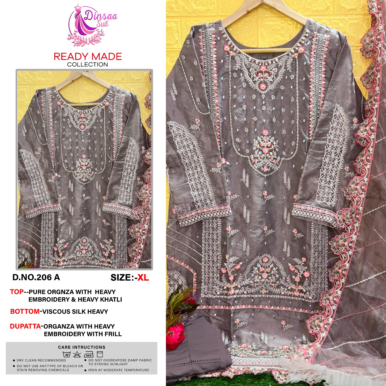 dinsaa suit dinsaa d no 206 A B C D  organza  regal look top bottom with dupatta catalog