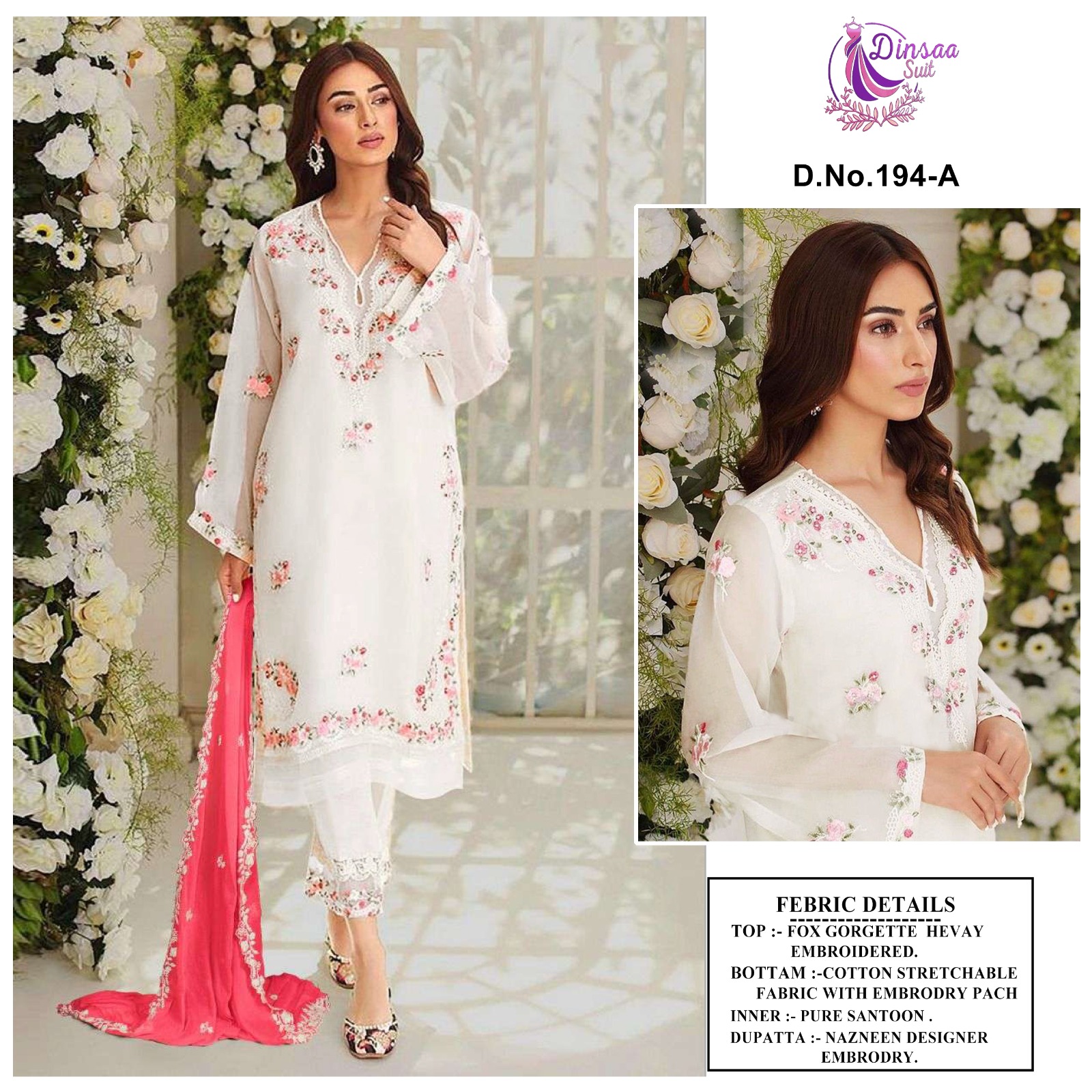 dinsaa suits dinsaa d no 194 a b c d Georgette Regal look top bottom with dupatta size set