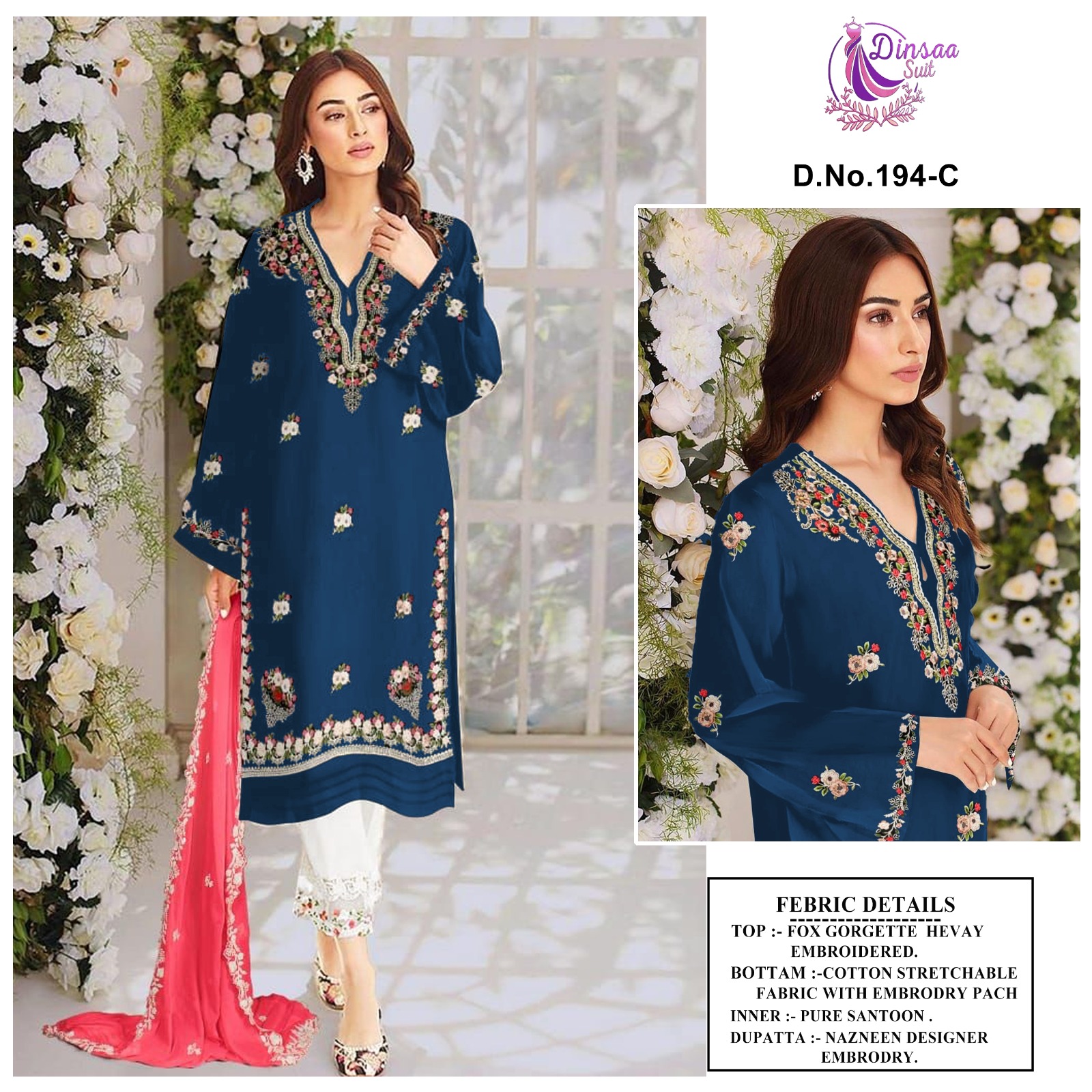 dinsaa suits dinsaa d no 194 a b c d Georgette Regal look top bottom with dupatta size set