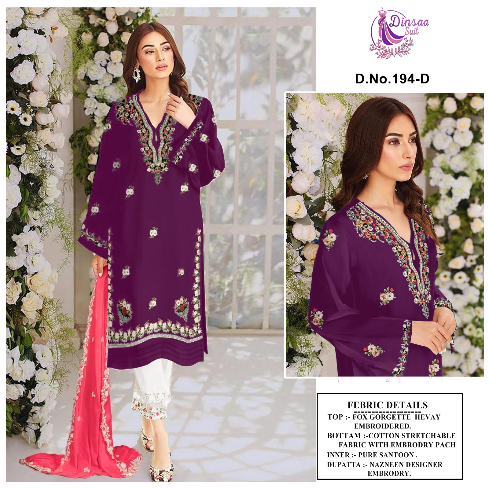 dinsaa suits dinsaa d no 194 a b c d Georgette Regal look top bottom with dupatta size set