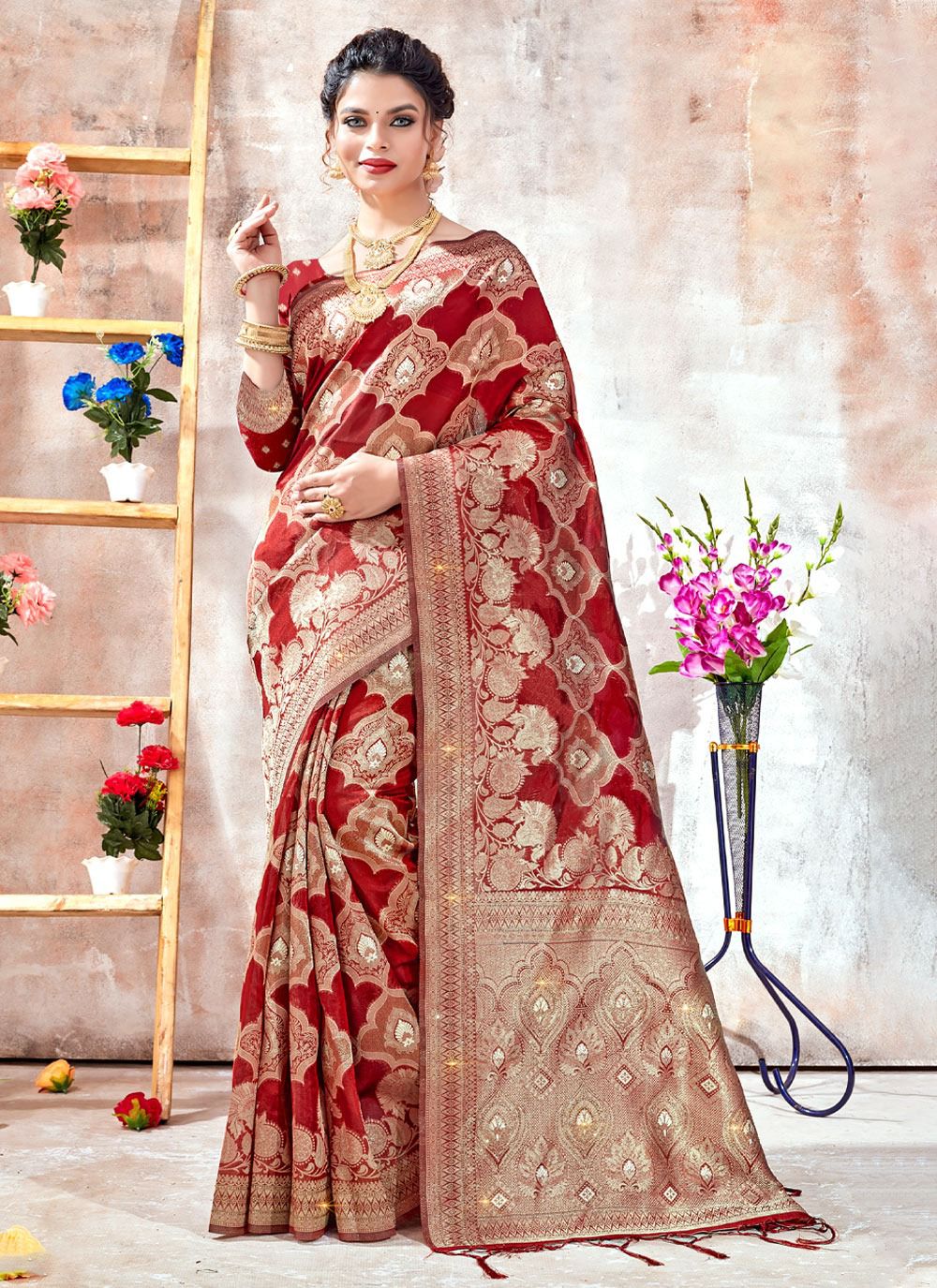 sangam print rukmani organza regal look saree catalog