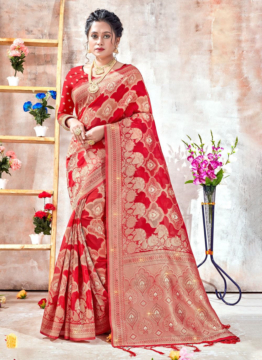 sangam print rukmani organza regal look saree catalog