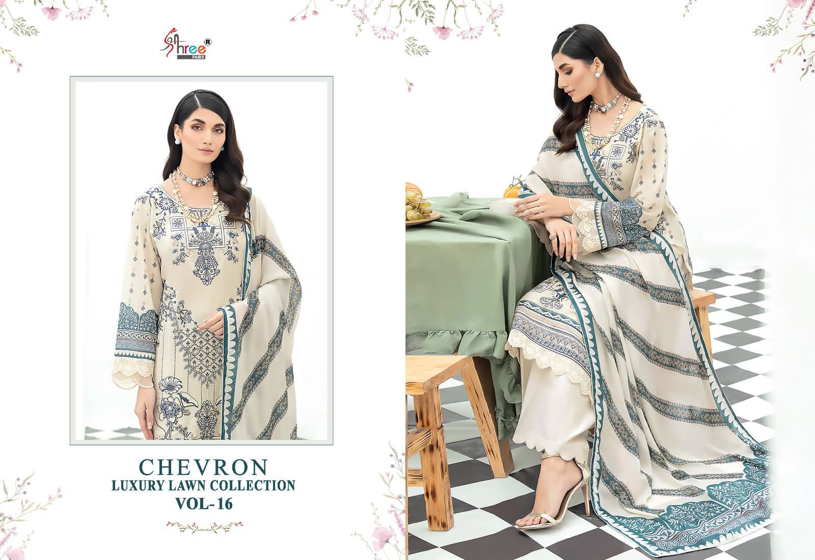 shree fabs chevron luxury lawn collection vol 16 lawn decen embroidery look salwar suit with siffon dupatta catalog