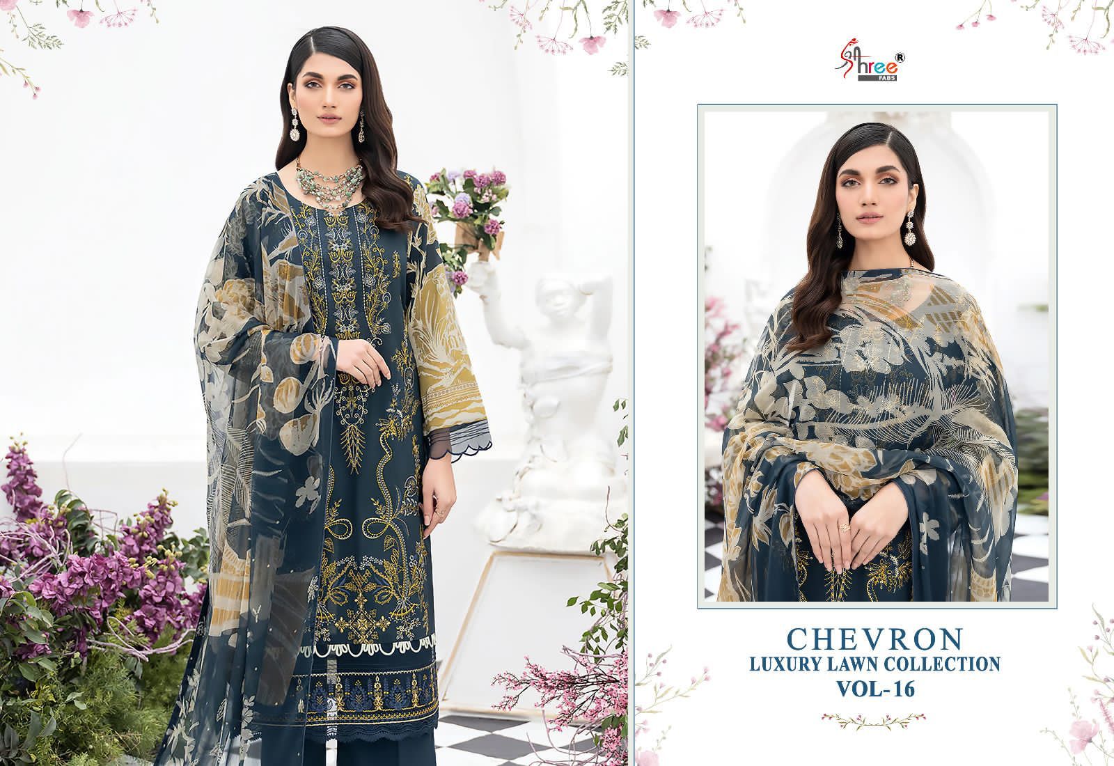 shree fabs chevron luxury lawn collection vol 16 lawn decen embroidery look salwar suit with siffon dupatta catalog