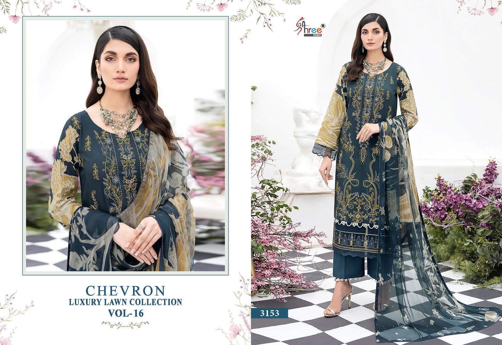 shree fabs chevron luxury lawn collection vol 16 lawn decen embroidery look salwar suit with siffon dupatta catalog