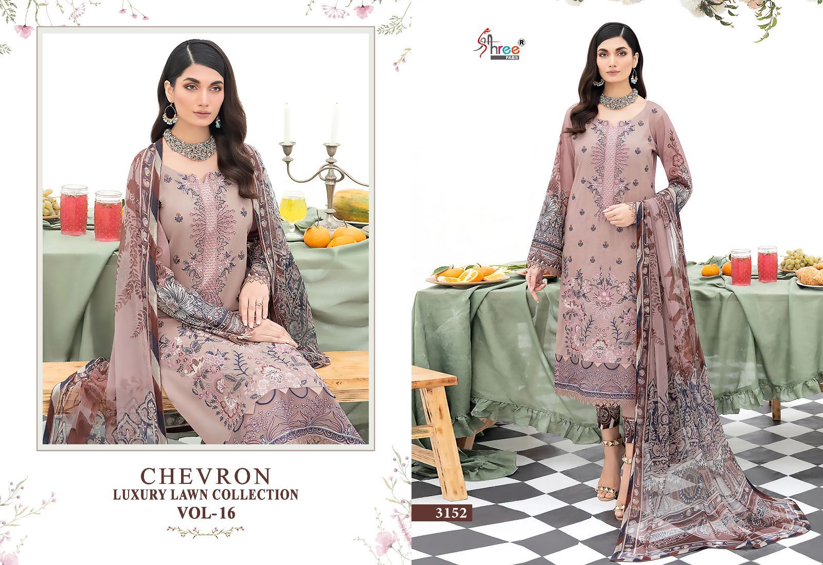 shree fabs chevron luxury lawn collection vol 16 lawn decen embroidery look salwar suit with siffon dupatta catalog