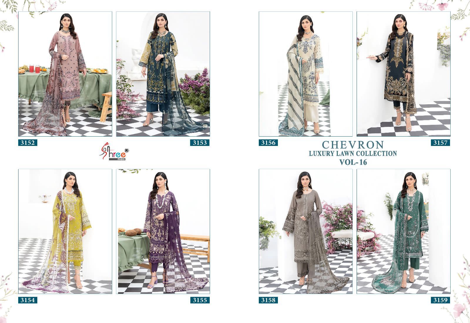 shree fabs chevron luxury lawn collection vol 16 lawn decen embroidery look salwar suit with siffon dupatta catalog