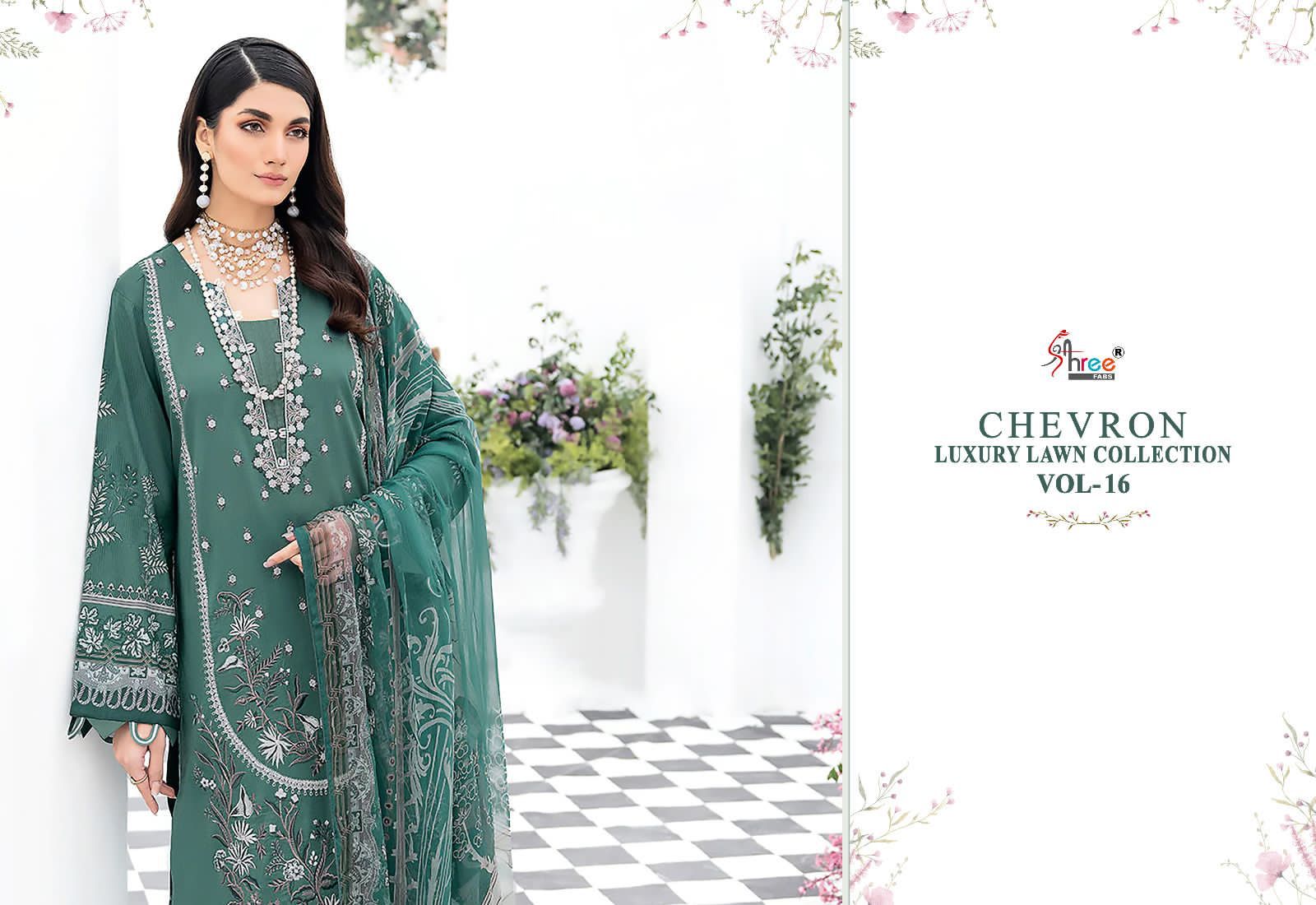 shree fabs chevron luxury lawn collection vol 16 lawn decen embroidery look salwar suit with siffon dupatta catalog