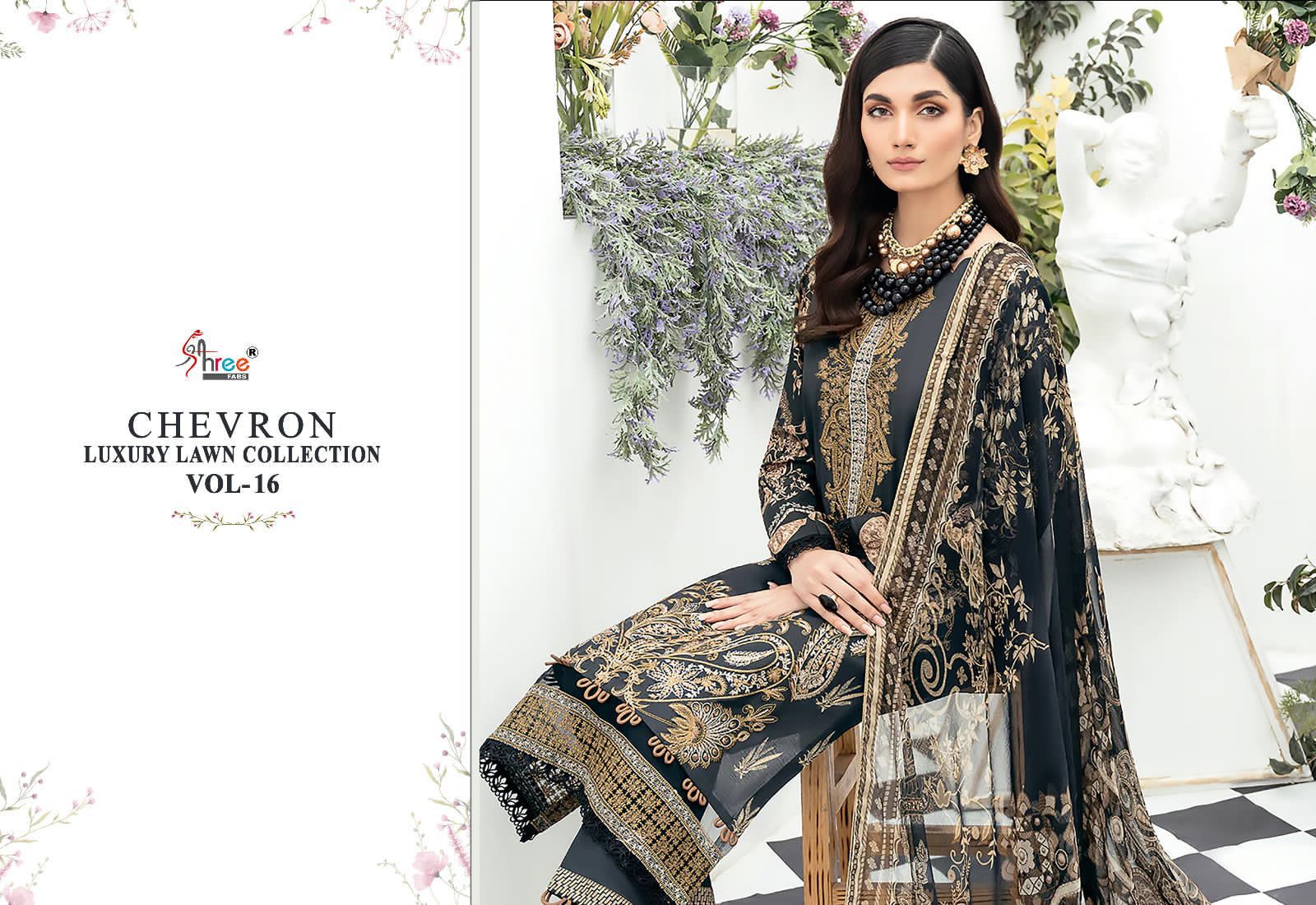 shree fabs chevron luxury lawn collection vol 16 lawn decen embroidery look salwar suit with siffon dupatta catalog