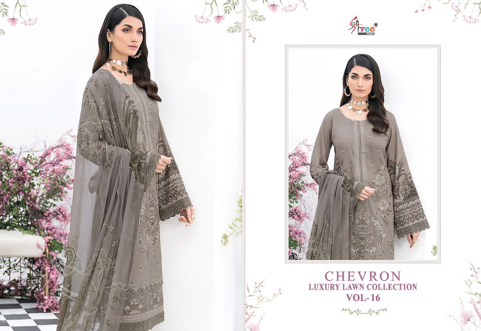 shree fabs chevron luxury lawn collection vol 16 lawn decen embroidery look salwar suit with siffon dupatta catalog