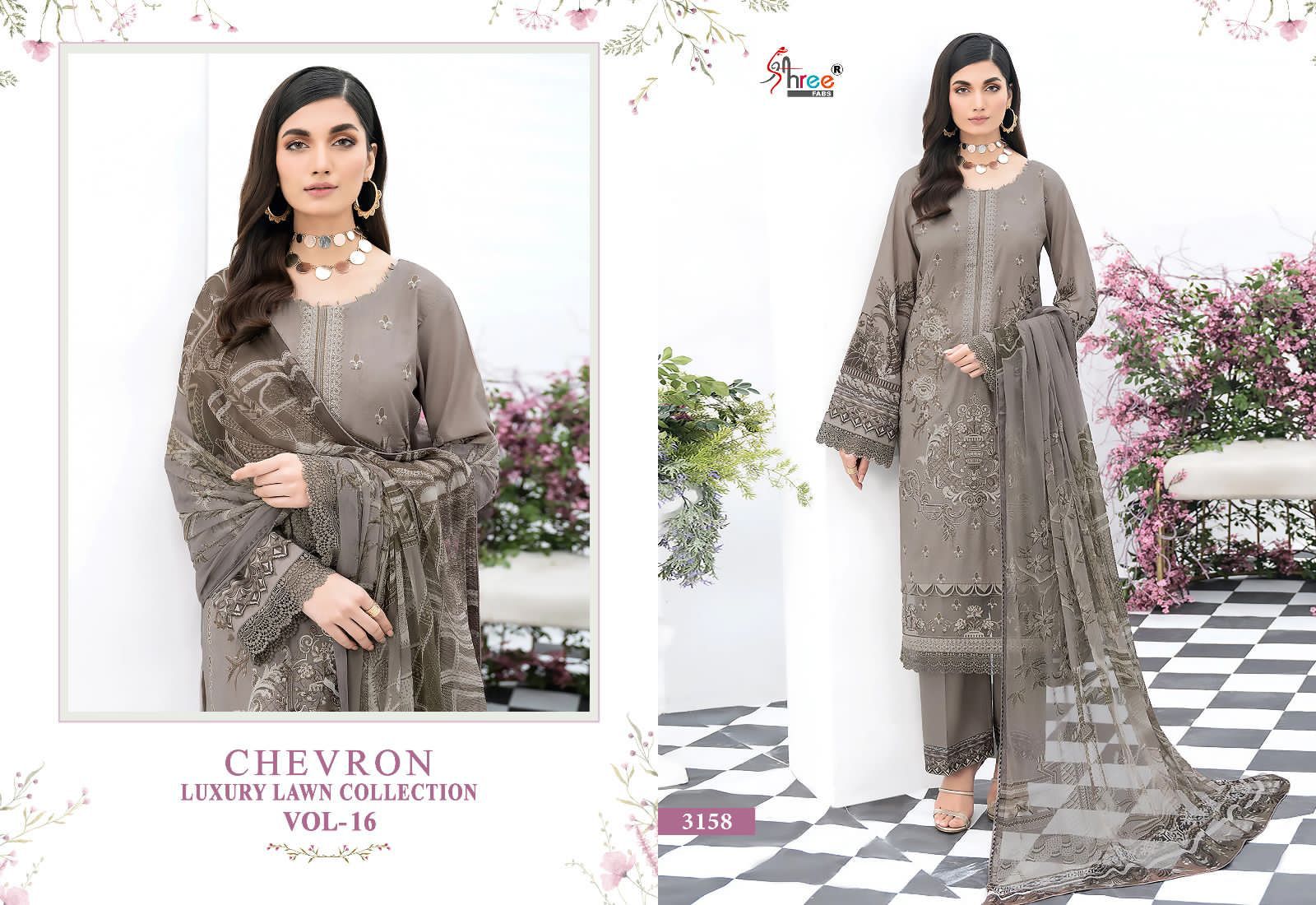 shree fabs chevron luxury lawn collection vol 16 lawn decen embroidery look salwar suit with siffon dupatta catalog