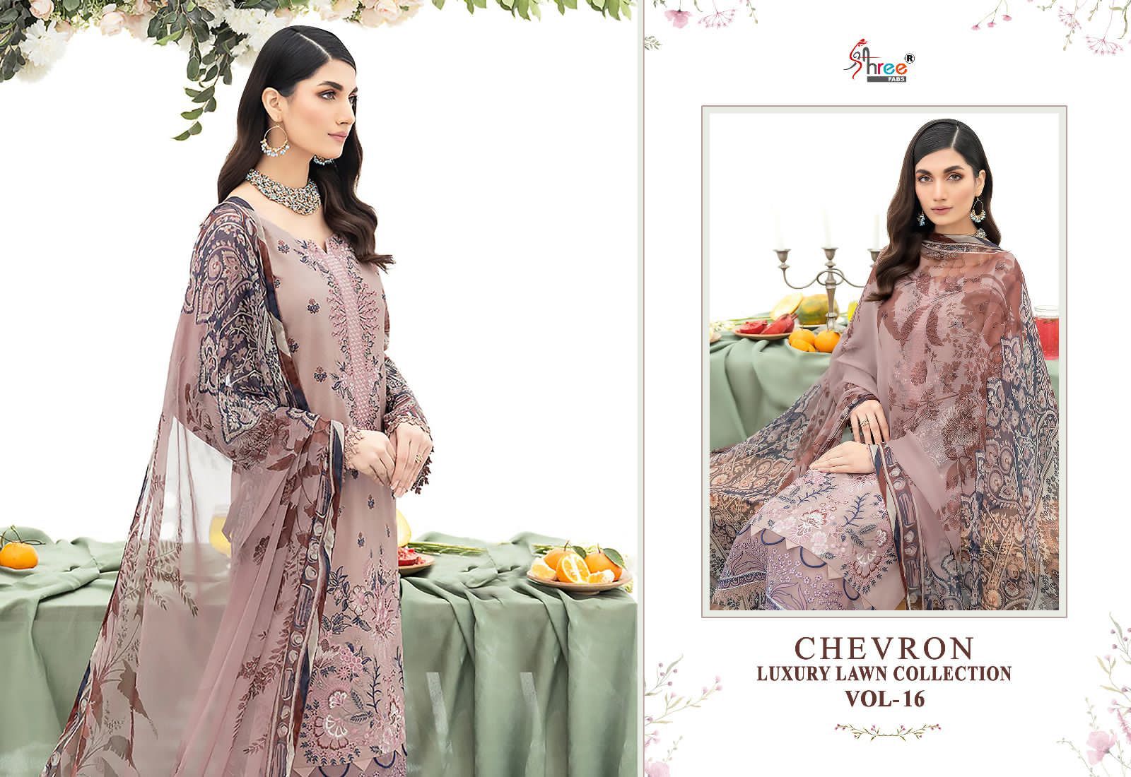 shree fabs chevron luxury lawn collection vol 16 lawn decen embroidery look salwar suit with siffon dupatta catalog