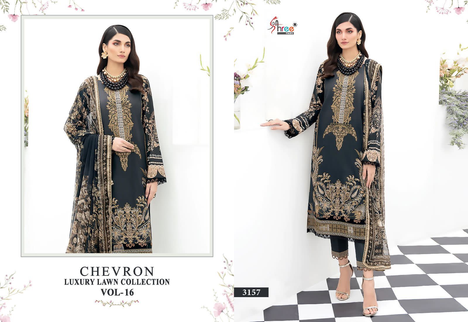 shree fabs chevron luxury lawn collection vol 16 lawn decen embroidery look salwar suit with siffon dupatta catalog