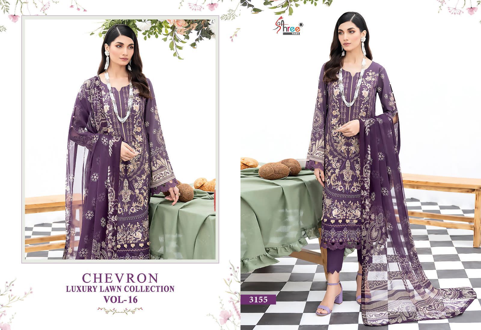 shree fabs chevron luxury lawn collection vol 16 lawn decen embroidery look salwar suit with siffon dupatta catalog