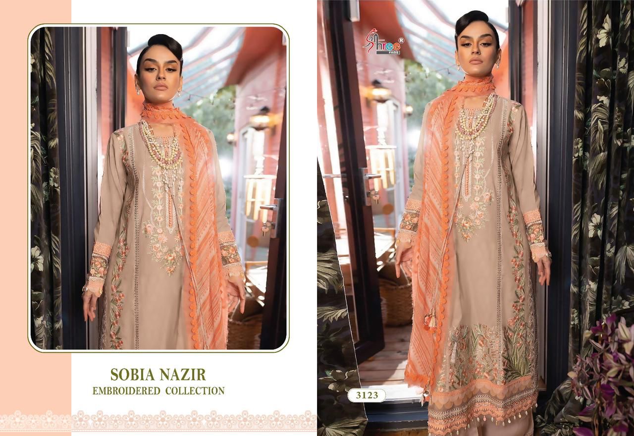 shree fabs sobia nazir embroidered collection 2023 cotton innovative look salwar suit  with siffon dupatta catalog