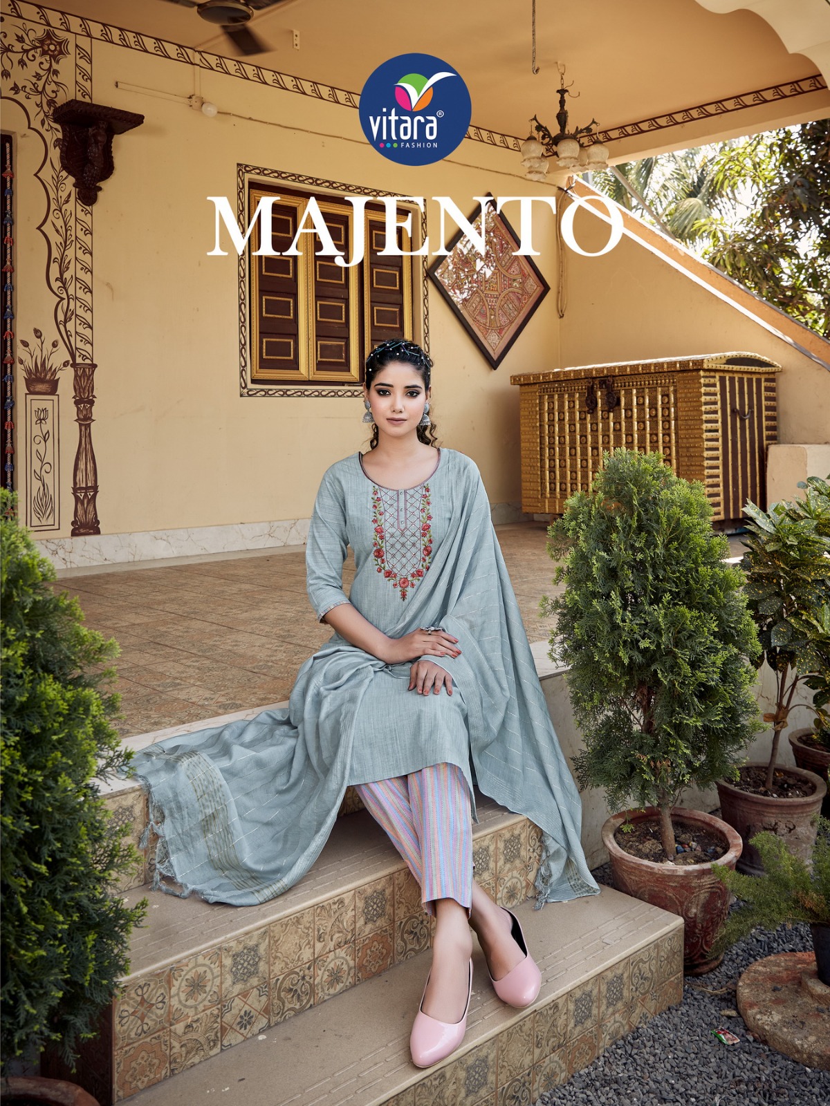 vitara fashion majento cotton decent look top bottom with dupatta catalog