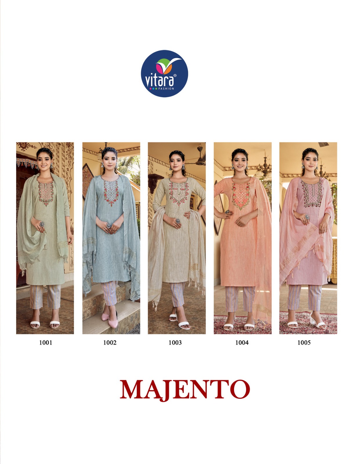 vitara fashion majento cotton decent look top bottom with dupatta catalog