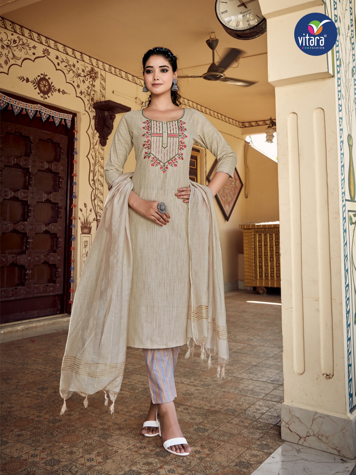 vitara fashion majento cotton decent look top bottom with dupatta catalog