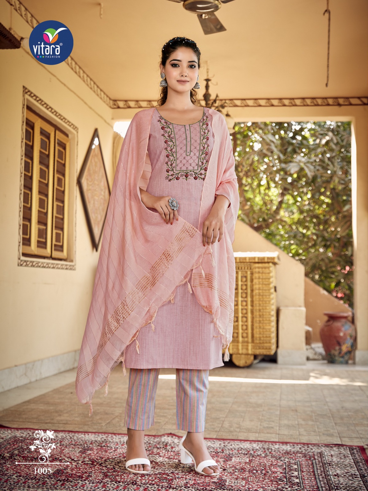 vitara fashion majento cotton decent look top bottom with dupatta catalog