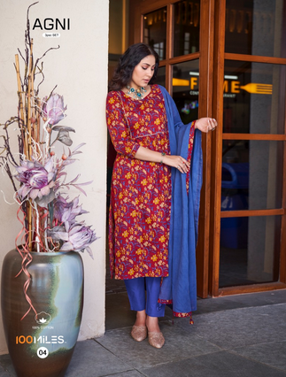 100 miles agni cotton decent look top pant with dupatta catalog