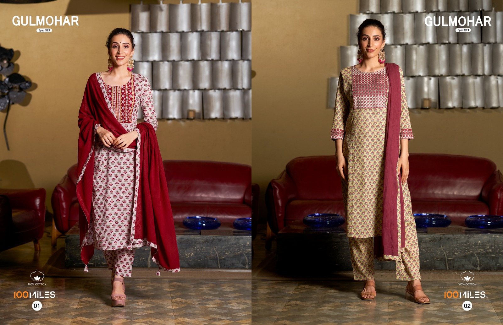 100 miles gulmohar cotton regal look kurti pant with dupatta catalog