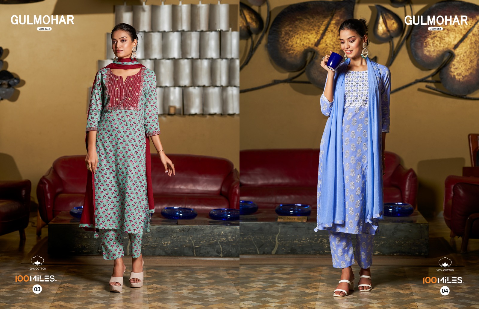 100 miles gulmohar cotton regal look kurti pant with dupatta catalog