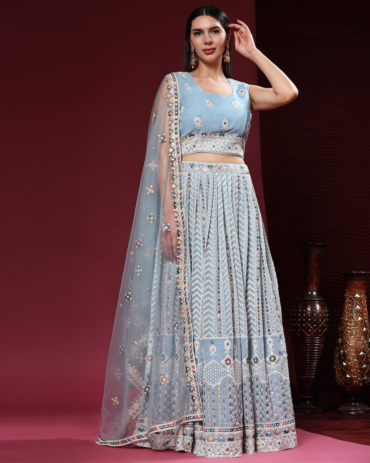 amoha trendz d no c  1949 Viscvose Georgtte Lakhnavi Thread Work elegant look lehenga catalog