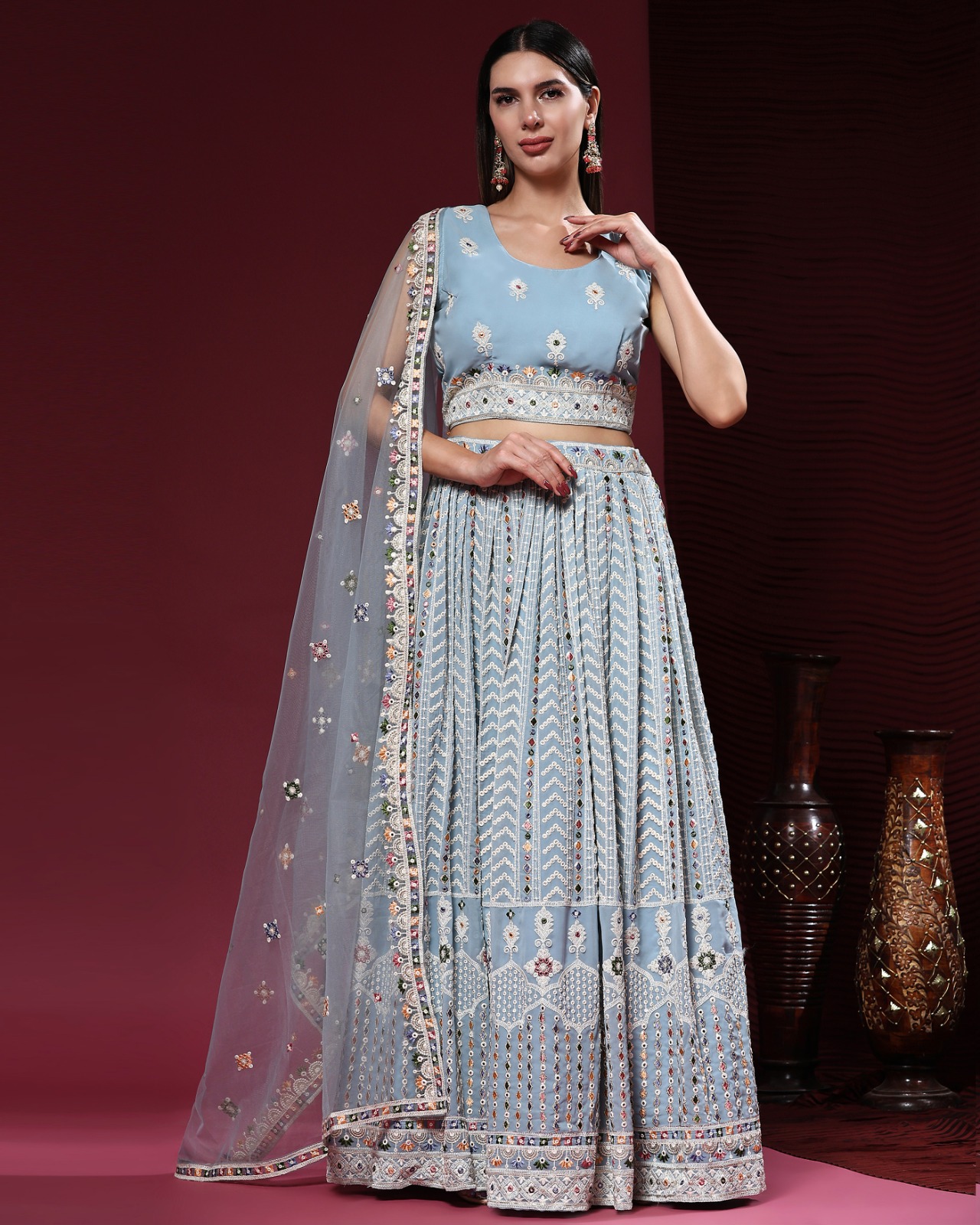 amoha trendz d no c  1949 Viscvose Georgtte Lakhnavi Thread Work elegant look lehenga catalog