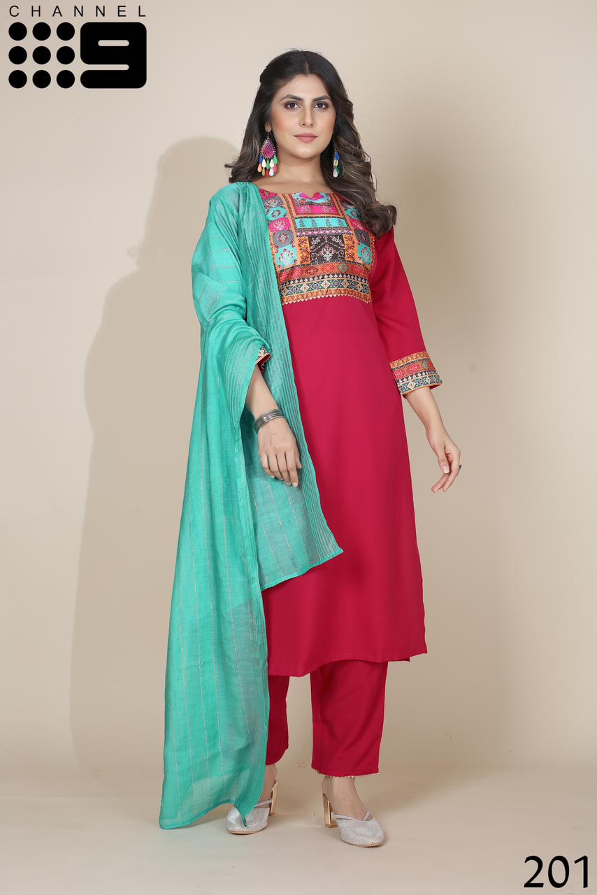 channel 9 sku 201sd to 204sd  crape catchy look top bottom with dupatta catalog