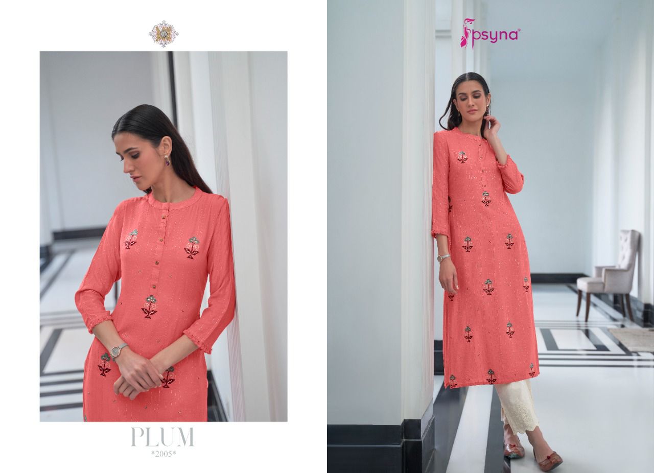 psyna plum rayon elegant kurti catalog