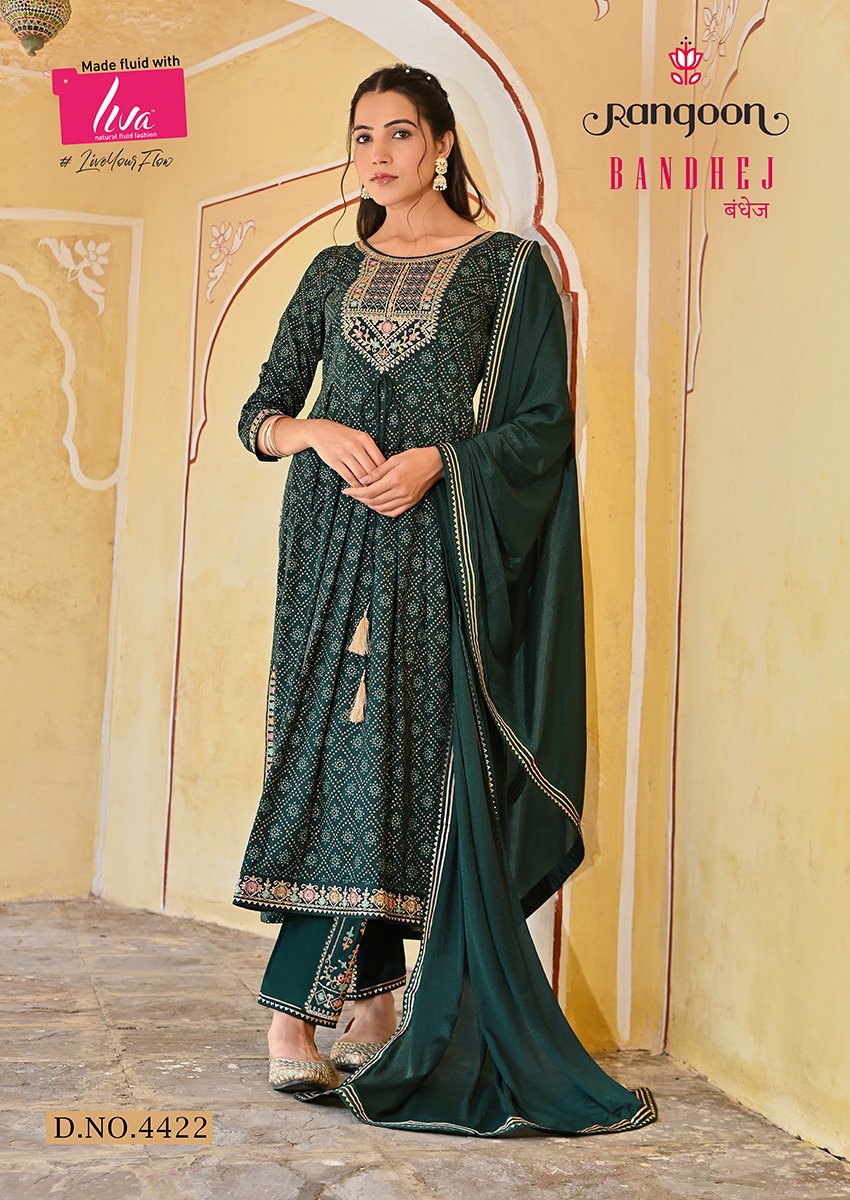 rangoon Bandhej rayon new and modern style top bottom with dupatta catalog