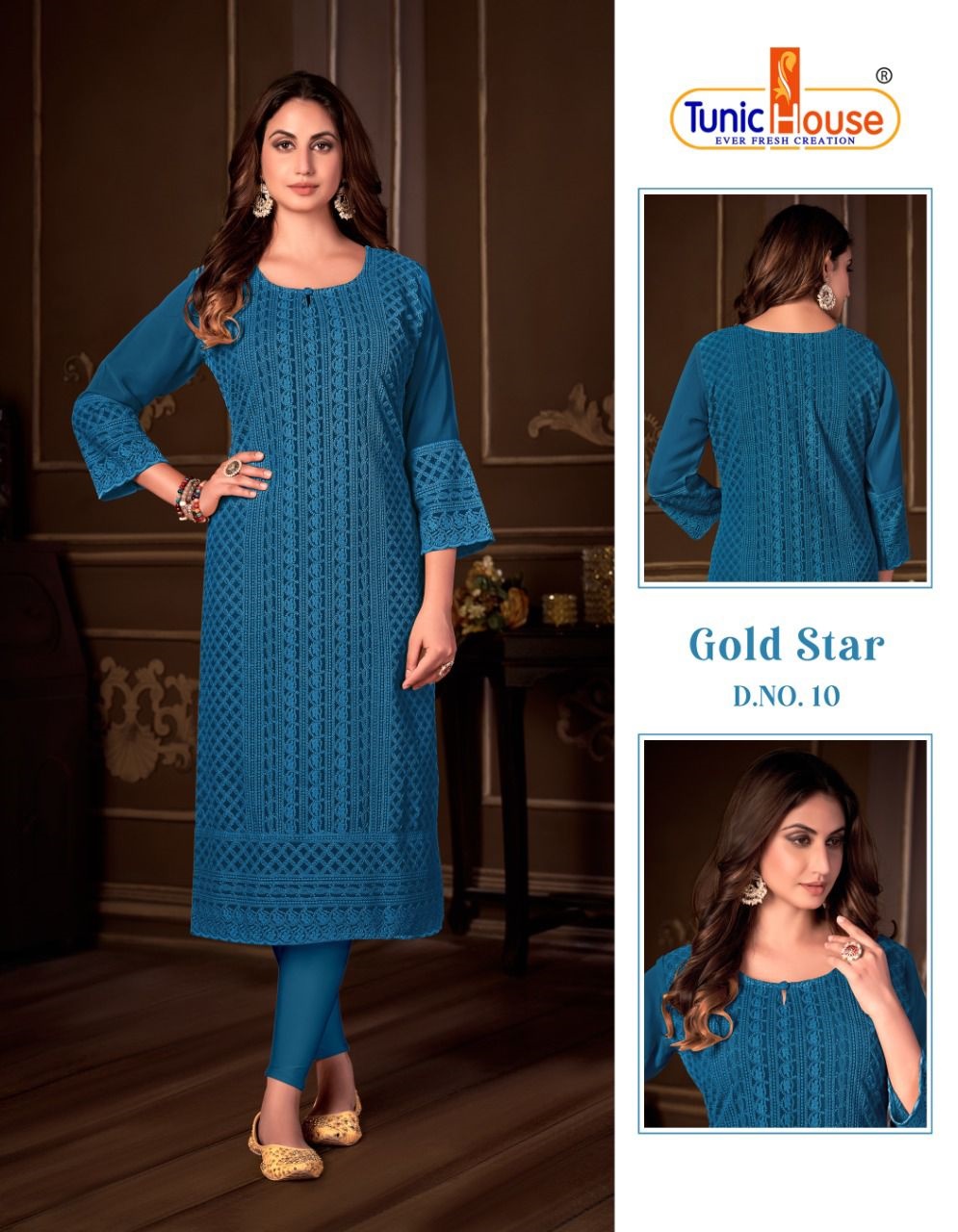 tunic house gold star georgette decent look kurti size set