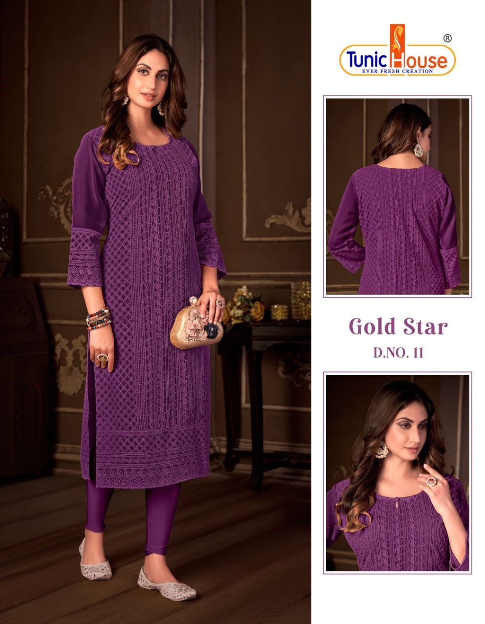 tunic house gold star georgette decent look kurti size set