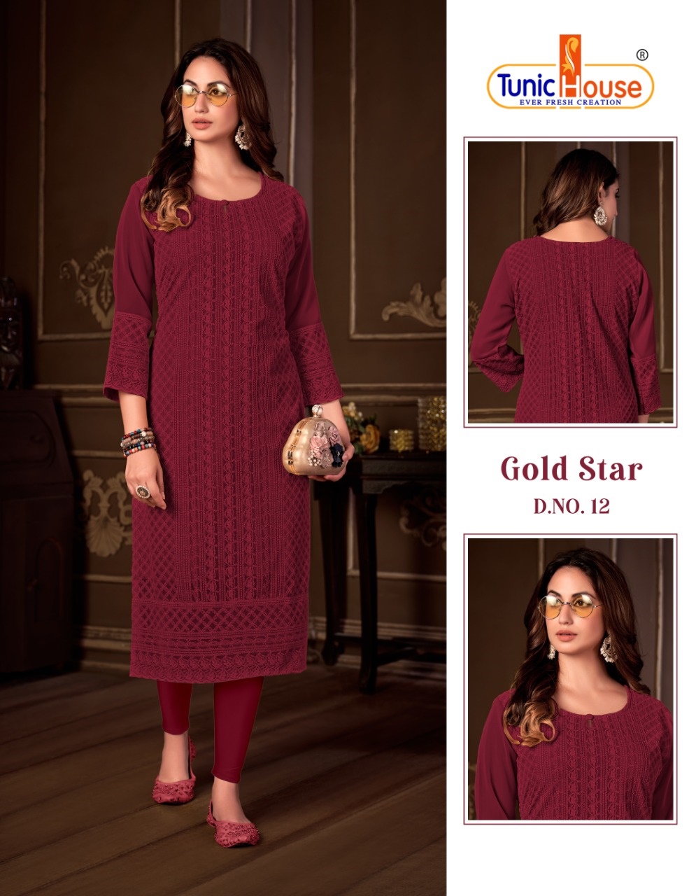 tunic house gold star georgette decent look kurti size set