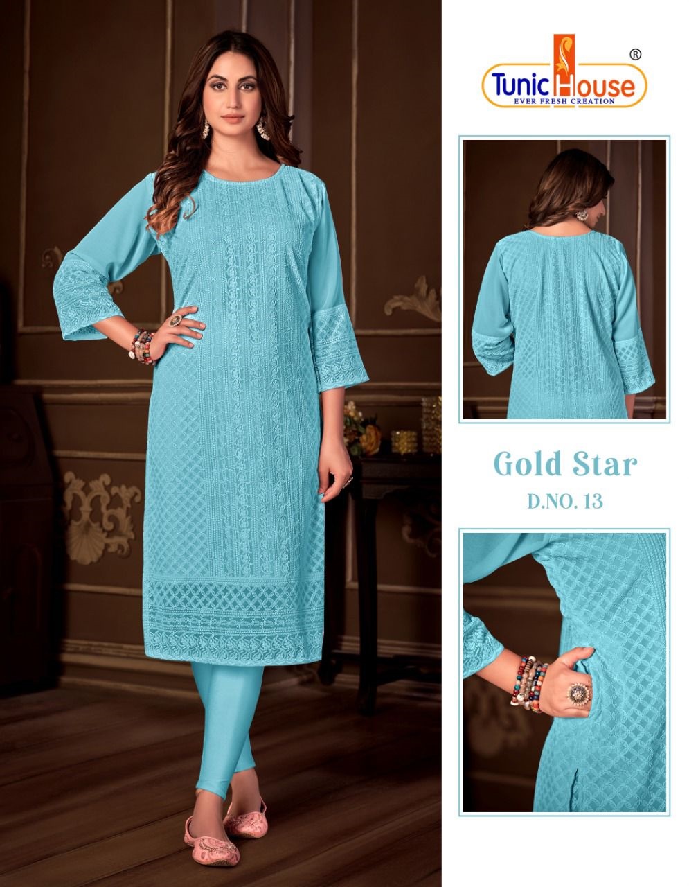 tunic house gold star georgette decent look kurti size set