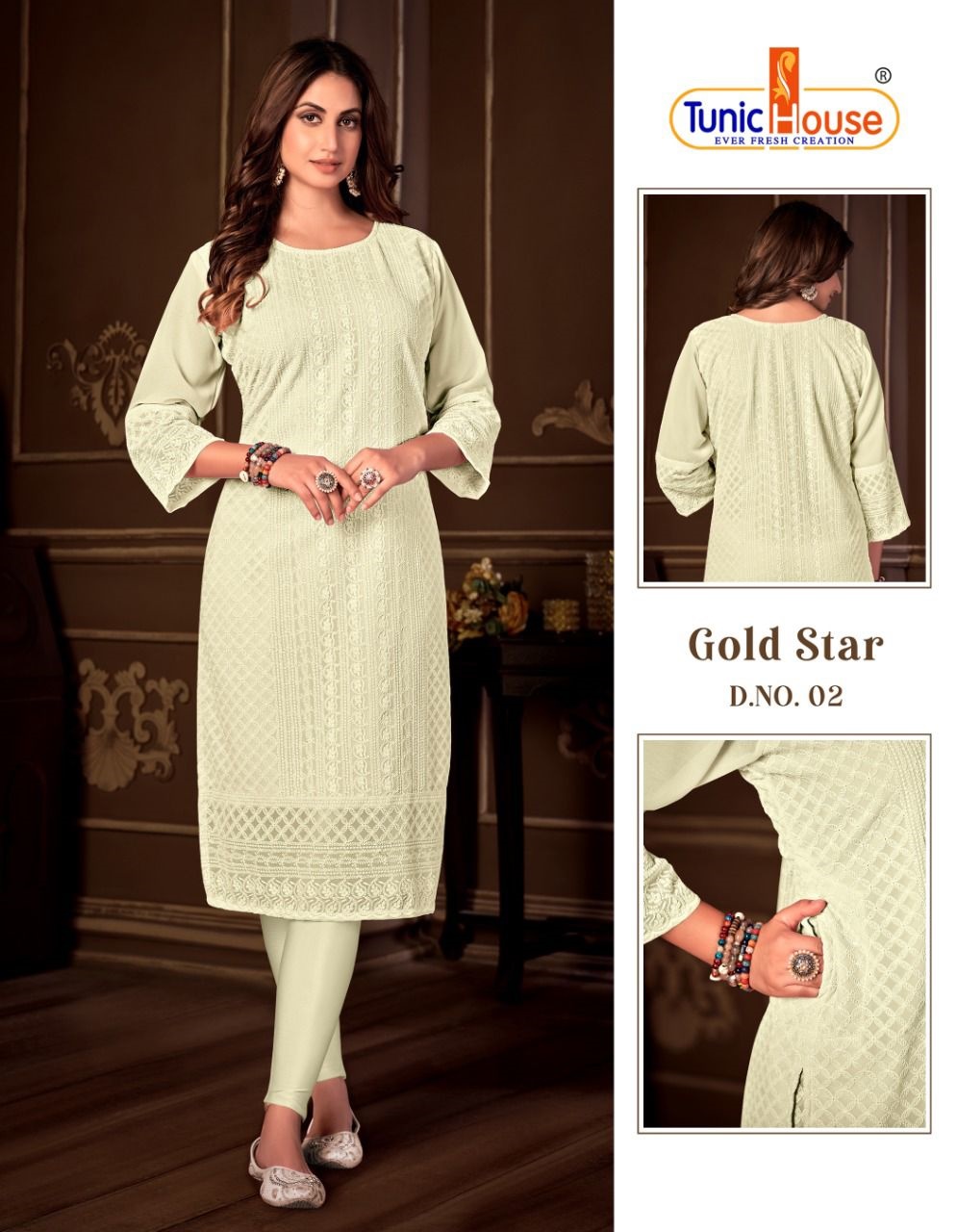 tunic house gold star georgette decent look kurti size set