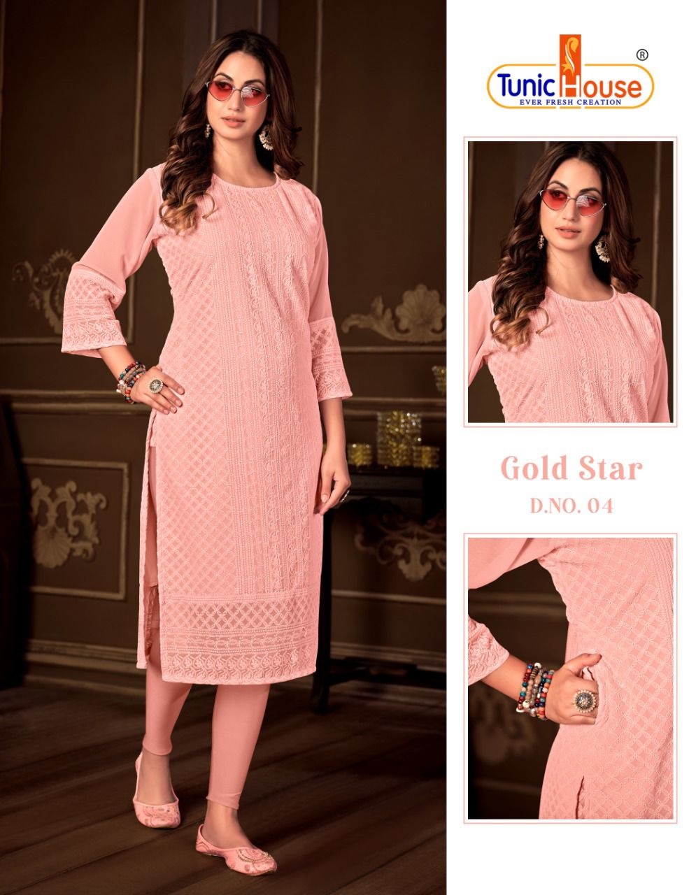 tunic house gold star georgette decent look kurti size set