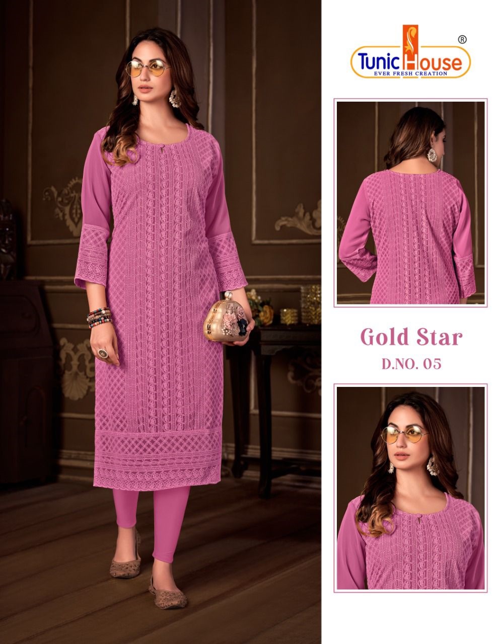 tunic house gold star georgette decent look kurti size set