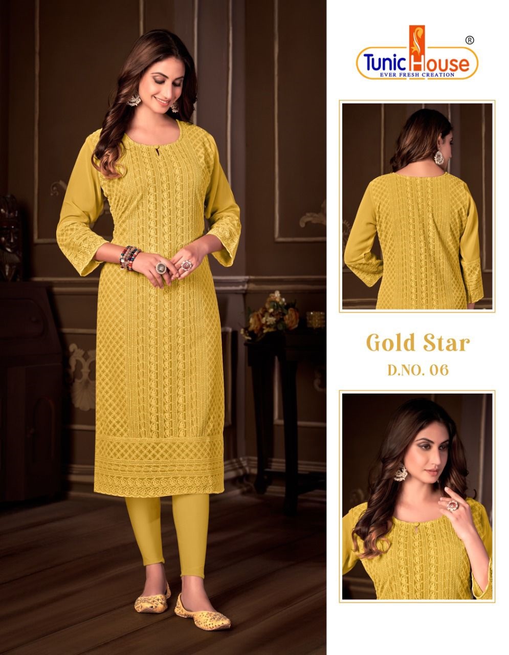 tunic house gold star georgette decent look kurti size set