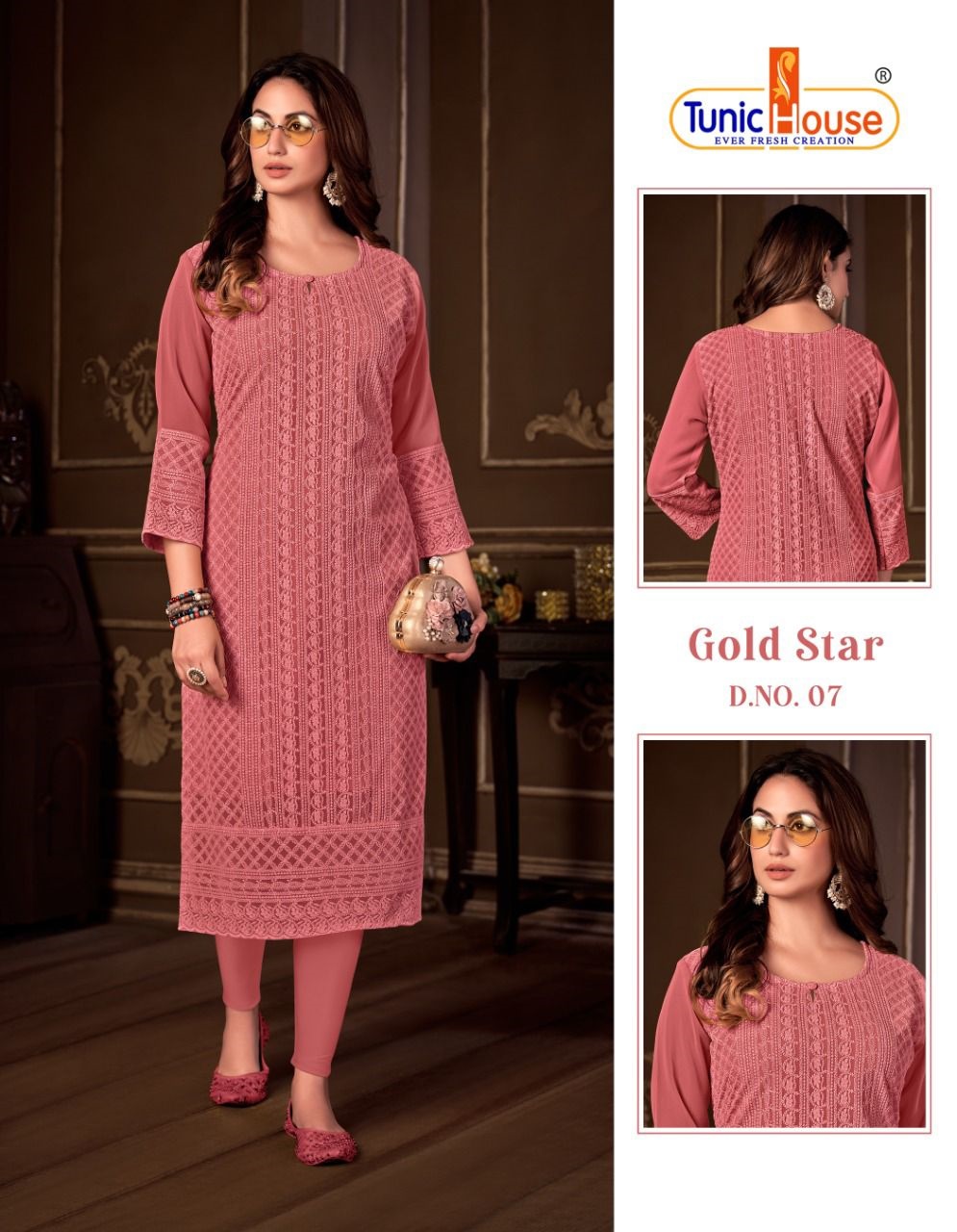 tunic house gold star georgette decent look kurti size set