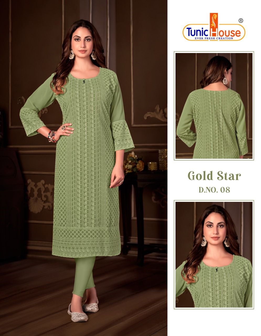 tunic house gold star georgette decent look kurti size set