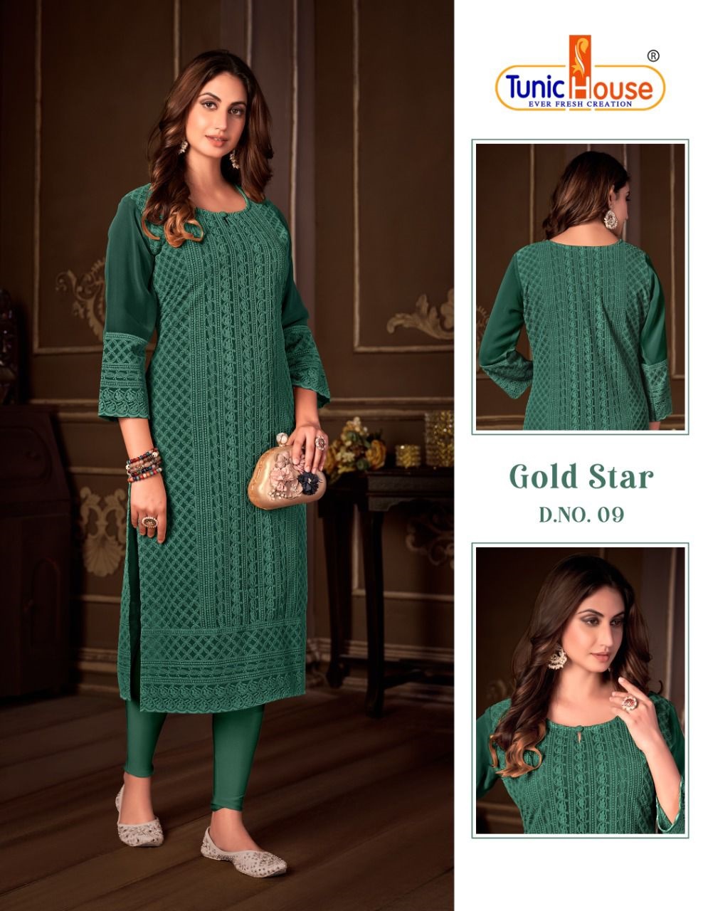 tunic house gold star georgette decent look kurti size set