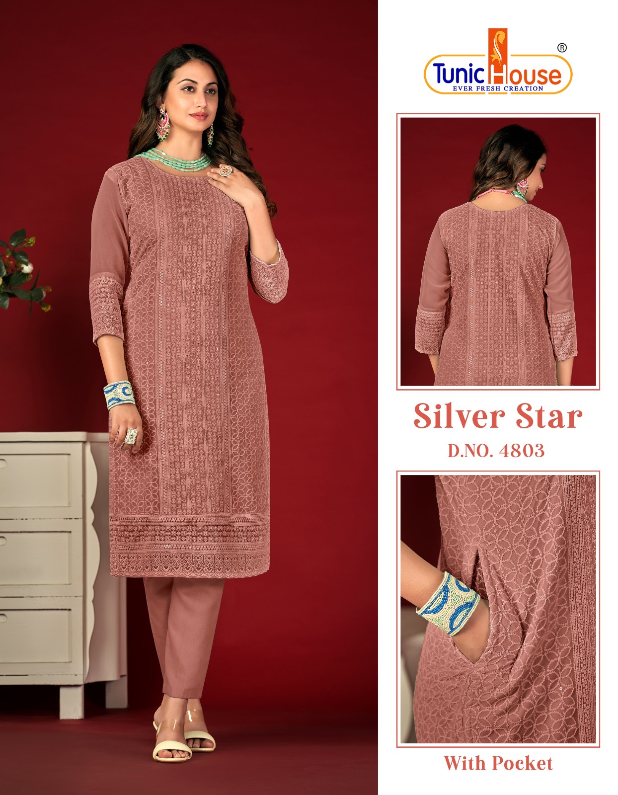 tunic house silver star georgette regal look kurti size set