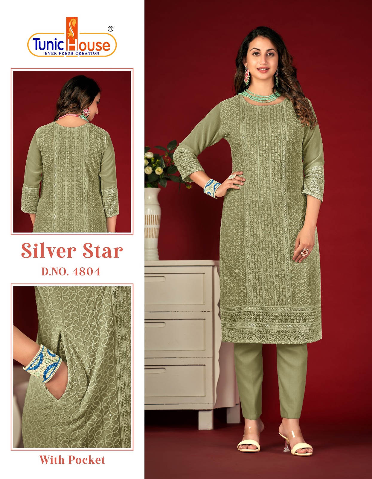 tunic house silver star georgette regal look kurti size set