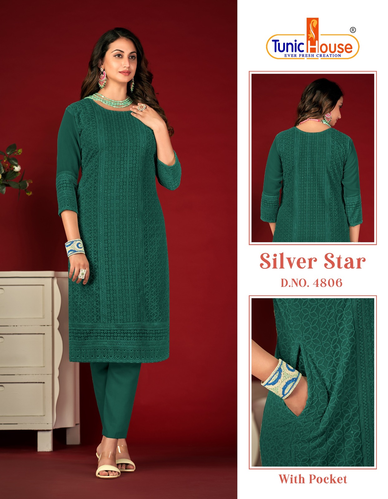 tunic house silver star georgette regal look kurti size set