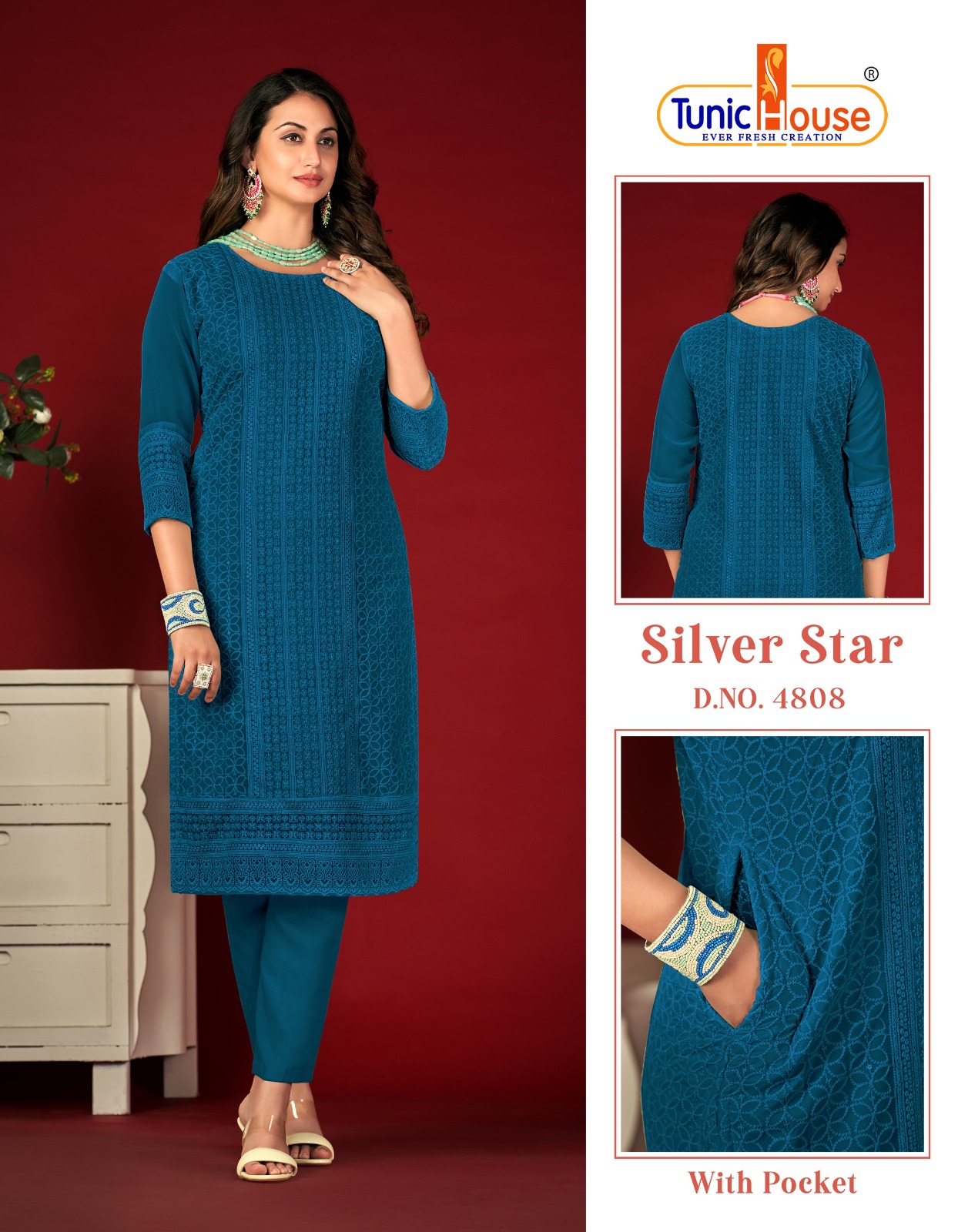 tunic house silver star georgette regal look kurti size set